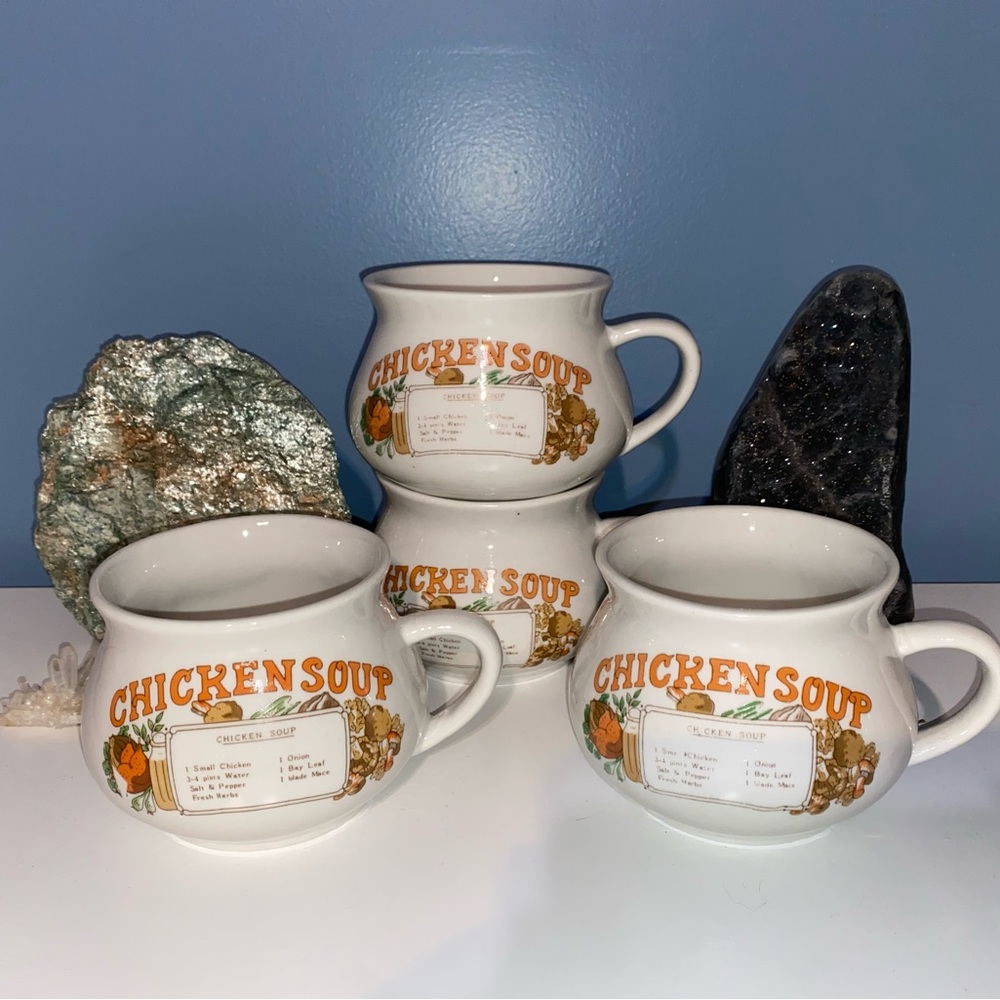 4 Vintage Chicken Soup Recipe Mugs/Bowls